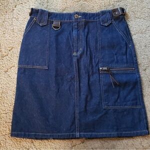 ROUTE 66 dark wash denim skirt leather trim adjustable waist summer fall winter